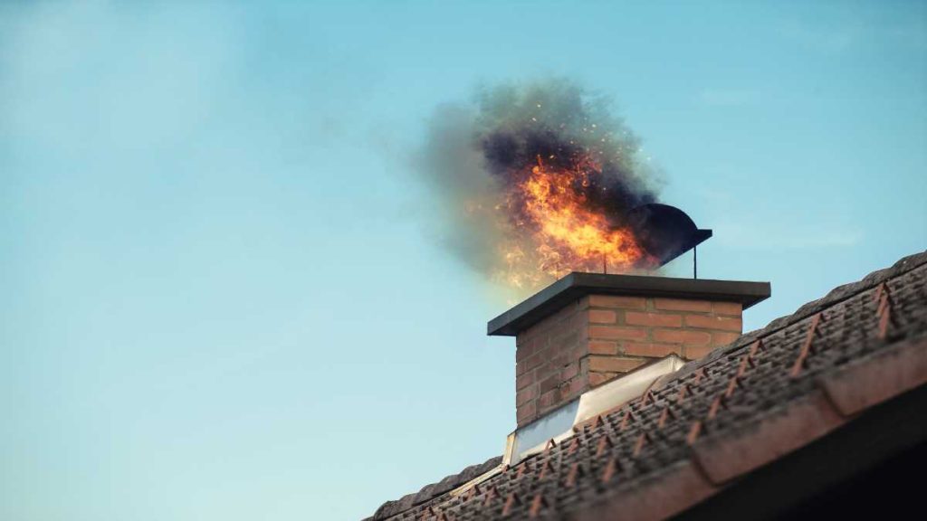 Op de foto zien we een schouwbrand die is ontstaan door het niet schoonmaken van de schoorsteen.