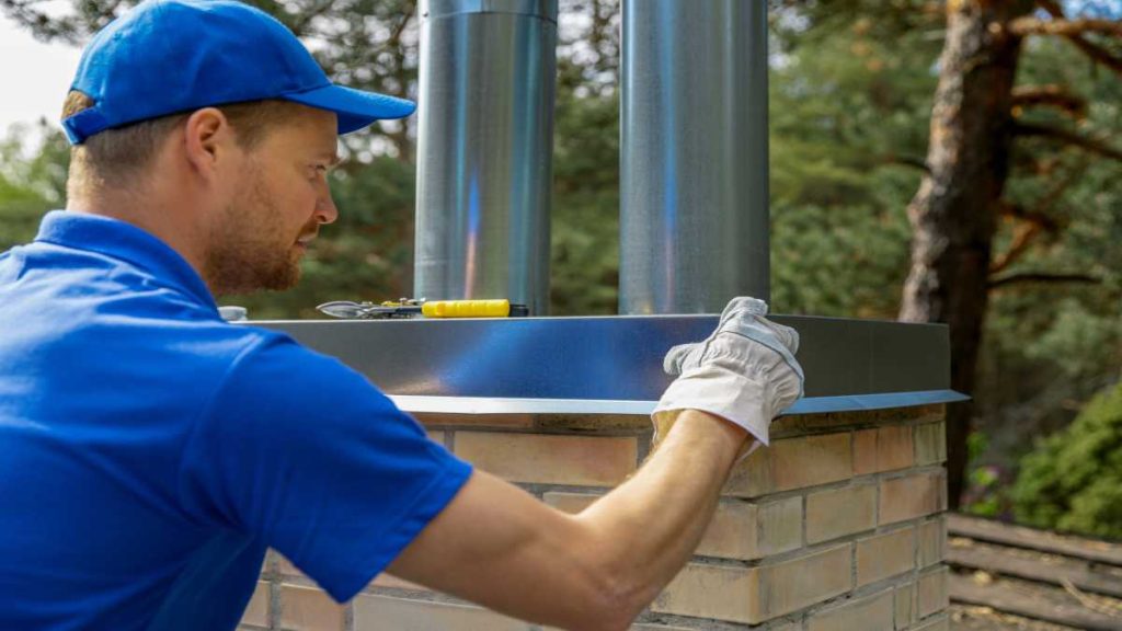 Een vakman in een blauwe t-shirt en pet is bezig met het installeren van een schoorsteen.